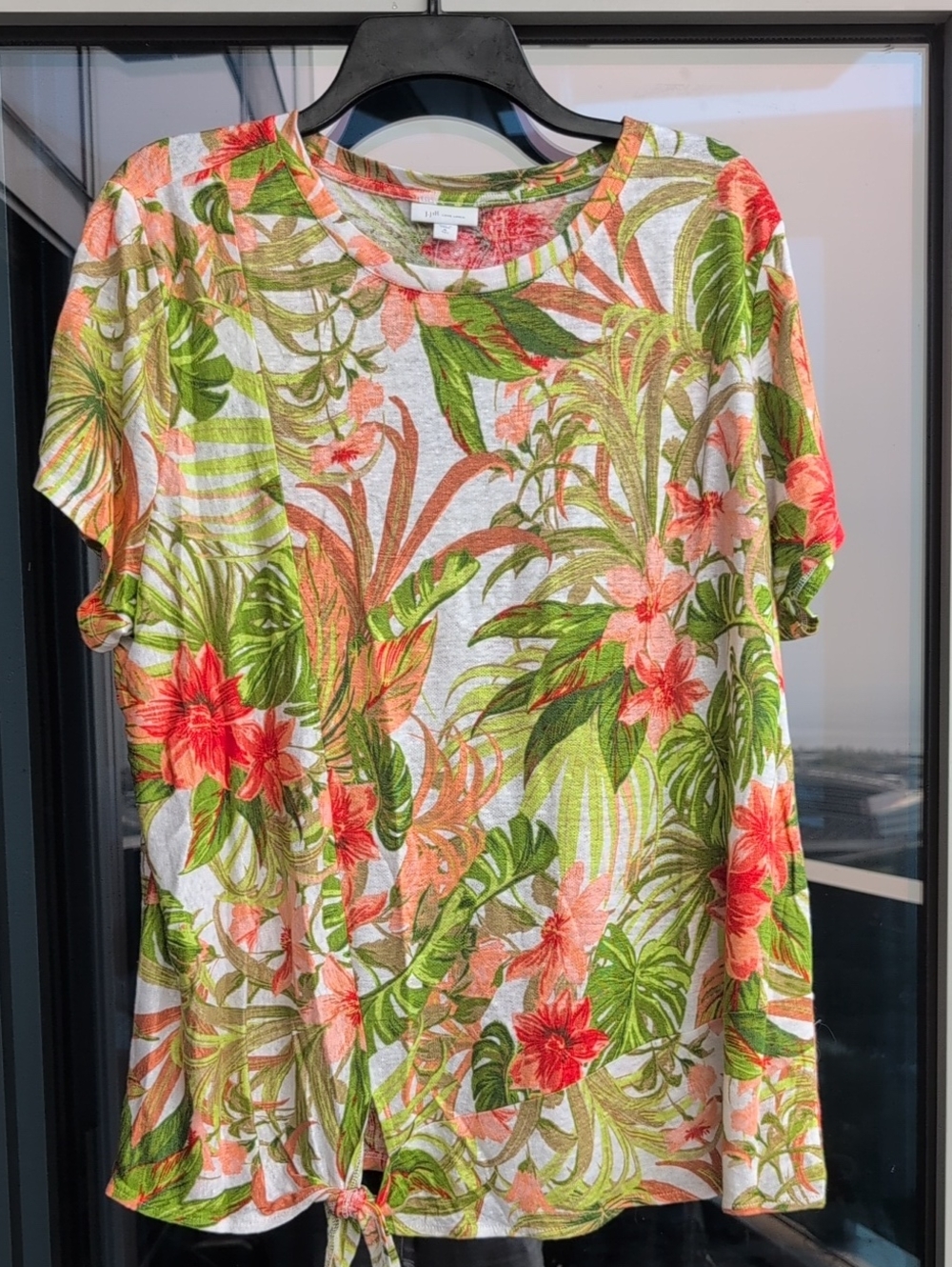 J. Jill Tropical Floral Tie-Front 100% Top in Green & Coral, NWT, XL Tall